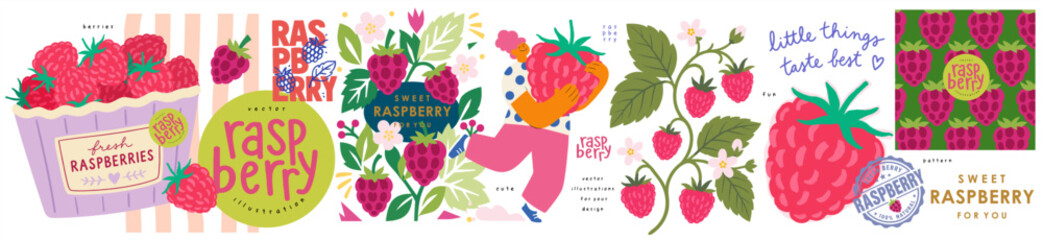 Naklejka na ściany i meble Raspberry. Vector cute whimsical illustration of a berry, playful girl character, botanical branch, logo. seamless pattern with raspberries, basket for label, packaging, poster, summer food design, 