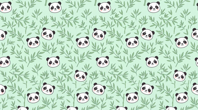 Repeating pattern of cute panda faces surrounded by green foliage on a soft mint background