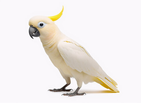 White cockatoo with yellow crest standing isolated on white background