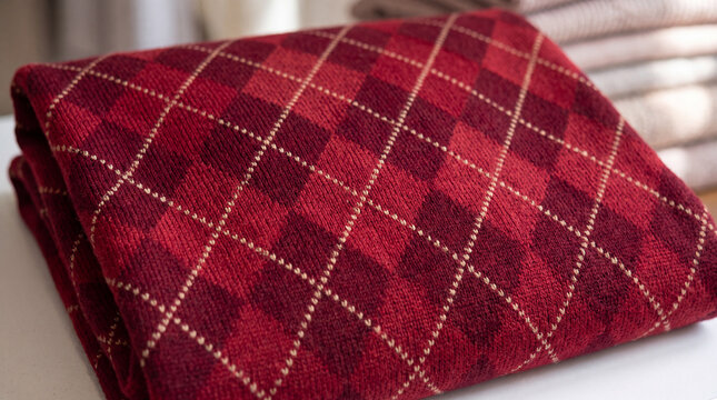A deep red argyle patterned textile showcasing soft, plush fibers with a luxurious feel