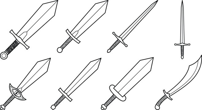 Fantasy and Medieval Sword Outline Vector Set with Longsword and Curved Blade Icons
