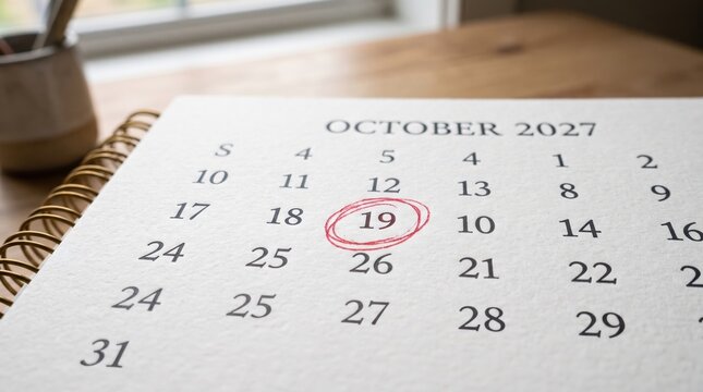 October 2027 calendar page with date 19 circled in red for important meeting or appointment calendar deadline appointment planning schedule reminder organization management business strategy
