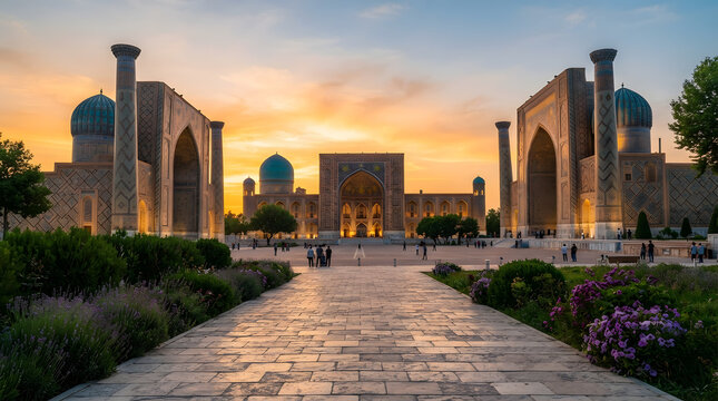 Stunning sunset view of the historic registan square in samarkand uzbekistan featuring ancient madrasas with beautiful blue tiled domes
