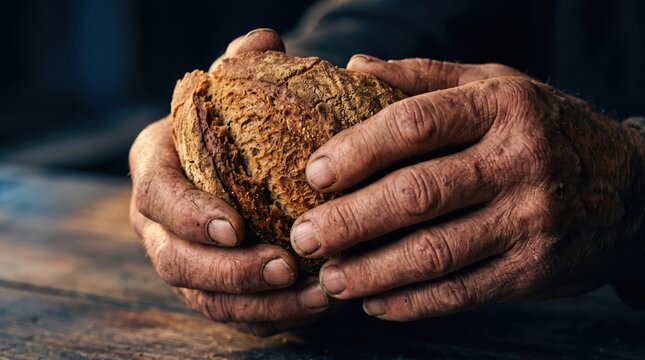 Close up of elderly man hands holding crusty bread loaf with wrinkled sustenance struggle hardship nutrition humanity patience strength generations existence survival provision