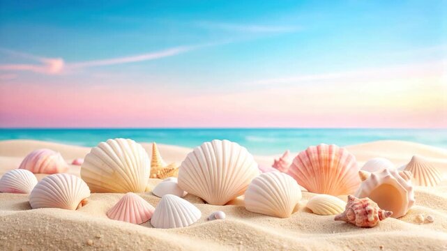 Seashells on sandy beach with calm ocean and pastel sky