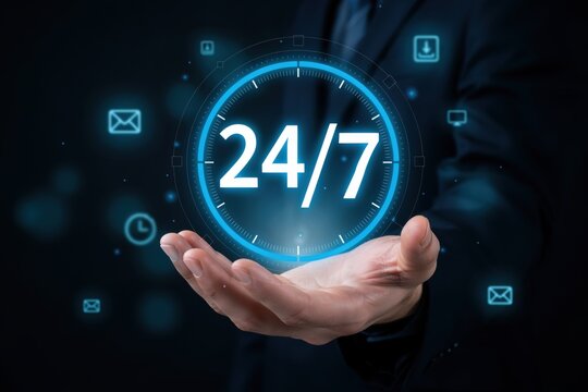Close-up of business person showing 24/7 neon icon. Digital support concept.