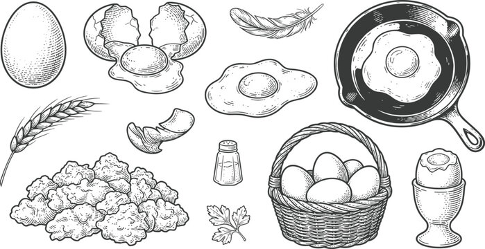 Vintage Hand Drawn Egg and Breakfast Food Collection with Fried Eggs, Basket, Wheat, Feather, Salt, and Farm Fresh Sketch Vector Set