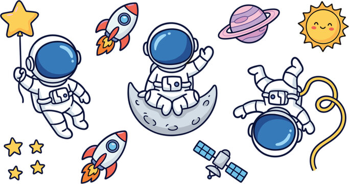Cute astronaut and space elements cartoon illustration collection set vector isolated on white background for kids design