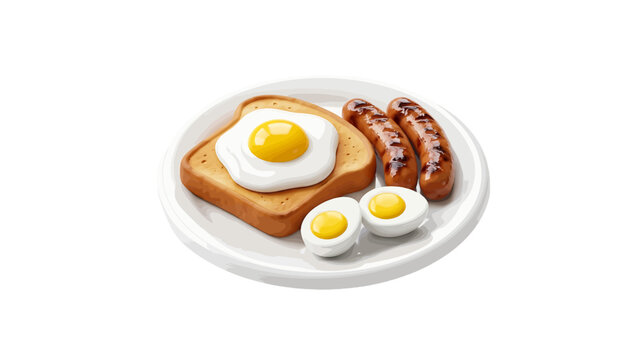 Vector illustration of breakfast plate with fried egg on toast, sausages, and boiled egg halves on a transparent background