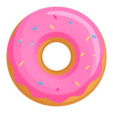 A flat vector illustration of a circular donut with pink frosting and colorful sprinkles.
