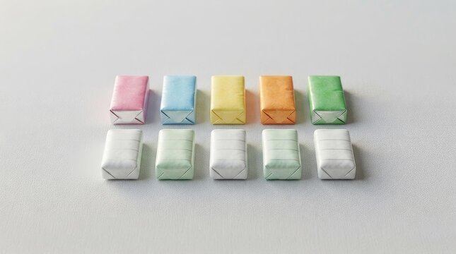 Colorful Minimalist Flatlay of Small Paper Packs on White Surface