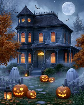 haunted Victorian house decorated with carved pumpkins, ghosts, spider webs, glowing lanterns and autumn foliage, mysterious evening atmosphere, dramatic moonlight, iconic Halloween celebration,
