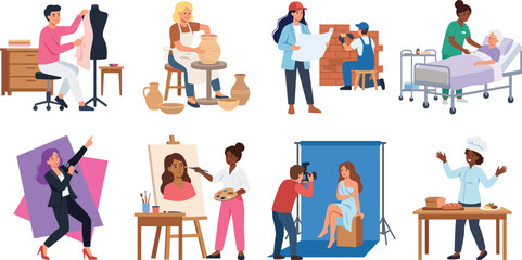 Fototapeta premium Diverse Professional Occupations and Creative Hobby Character Set Featuring Fashion Designer Potter Architect Nurse Singer Painter Photographer and Chef Figures
