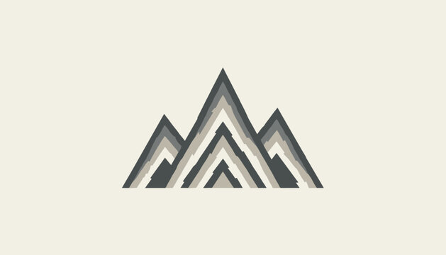 Minimalist geometric mountain peak emblem composed of layered grey and cream triangular shapes on light backdrop.