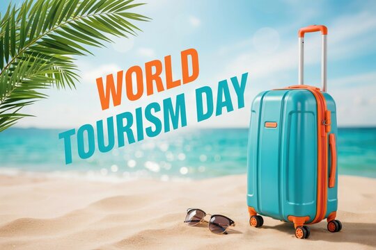 A suitcase and sunglasses on a sunny beach. Ideal for vacation concepts.
