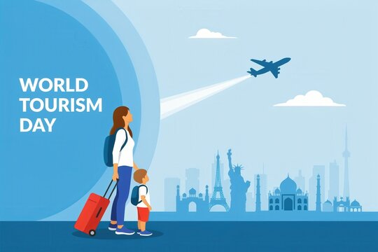 Mother and child viewing city landmarks. Travel and tourism concept.