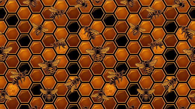 Detailed pattern of honeycomb with bees in golden hues, depicting a rich natural environment