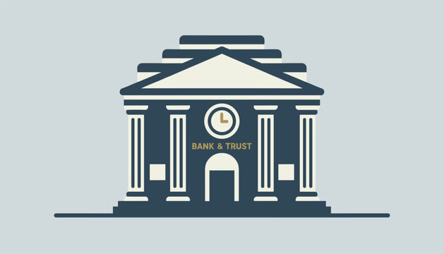 Classical bank and trust building illustration in navy blue and cream colors with columns and clock over the entrance.