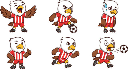 Naklejka premium Cute Eagle Mascot Soccer Player Cartoon Vector Set Featuring Playful Bird Character Poses Dribbling Running Heading Ball and Celebrating For Sports Team Logo Designs