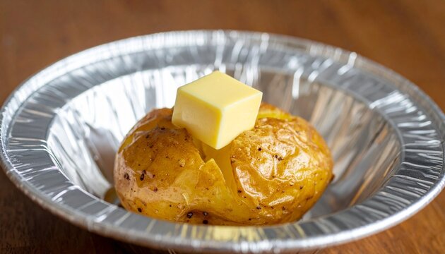 美味しそうなじゃがバターの画像、アルミのお皿