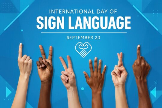 Diverse hands signal International Day of Sign Language. Communication design.