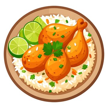 Cartoon vector illustration of roasted chicken drumsticks served over rice with lime.