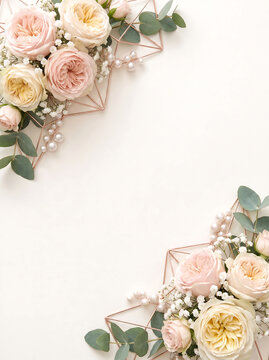 Elegant wedding invitation background with blush pink roses, eucalyptus, pearls, and rose gold geometric frame, floral copy space template