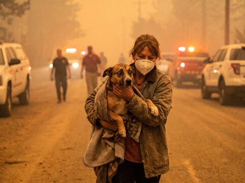 Woman carrying dog during wildfire evacuation. Resident fleeing disaster with pet in smoke.