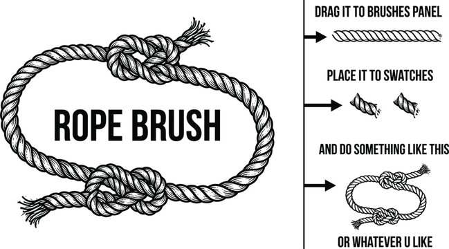 Nautical twisted rope pattern brush asset tutorial template with decorative marine frame knots for illustrator vector layout
