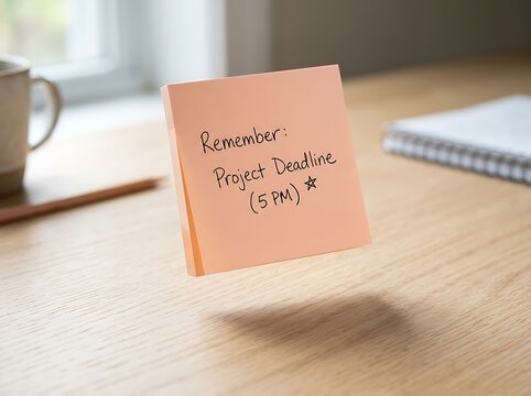 Floating sticky note with project deadline reminder on wooden desk