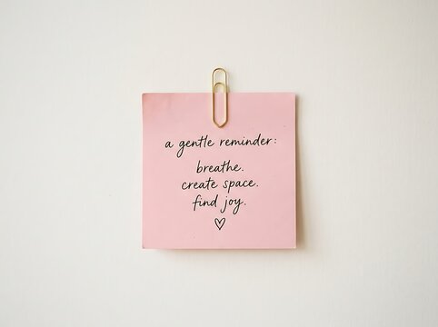 A gentle reminder note with the words breathe create space find joy