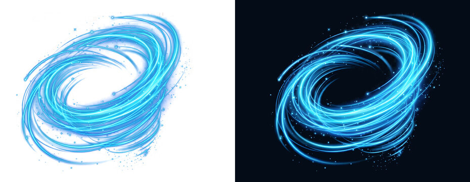 Glowing blue swirl light effect, dynamic energy vortex with sparkling particles, neon motion trail isolated on black and white background set