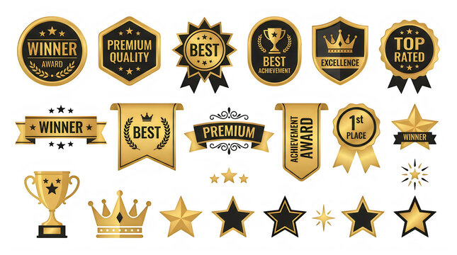 Collection of award badges and achievement icons with transparent background for design projects transparent background