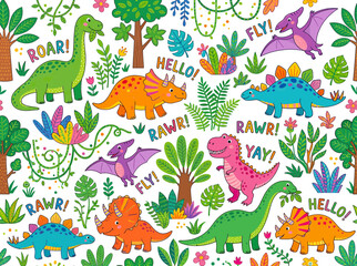 Cute Cartoon Dinosaurs and Tropical Plants Pattern © Arif