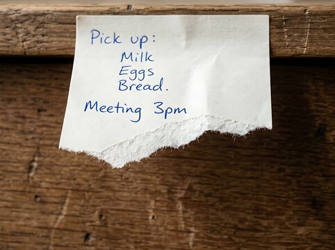 Handwritten note on a piece of torn paper pinned to a rustic wooden surface