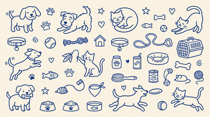 Fototapeta premium Cute Pets Cats Dogs and Care Accessories Doodle Set Hand Drawn Blue Line Art Vector Illustration