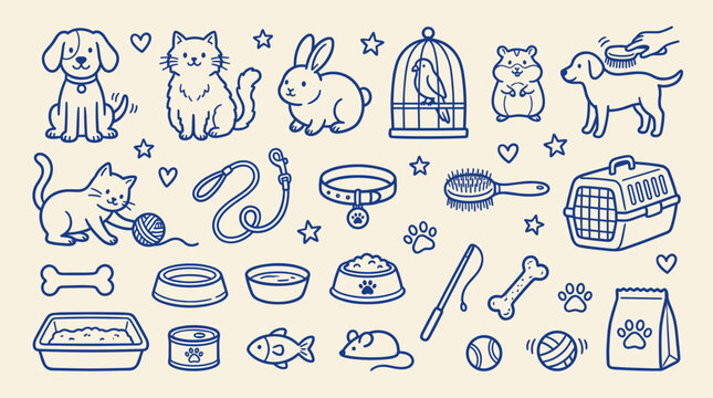 Cute Domestic Pets and Animal Care Accessories Doodle Set Hand Drawn Blue Line Art Vector Illustration