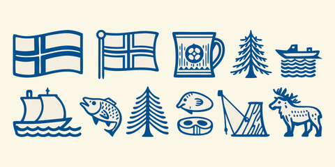 Scandinavian cultural symbols in blue vector illustration style © Bijon