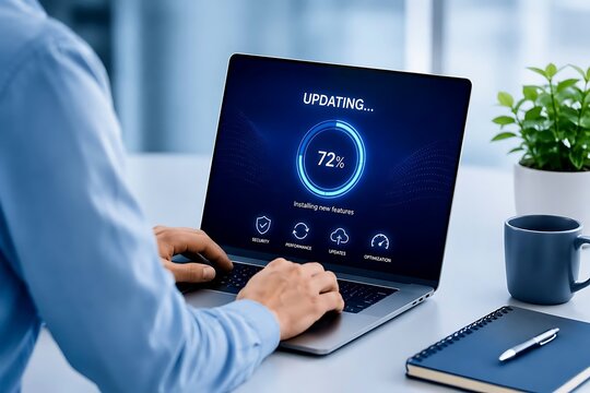 Professional using laptop with screen displaying system updating and installing new features progress with security and optimization icons