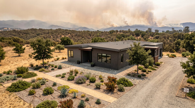 Modern house with defensible space near wildfire. Residential property protected from fire.