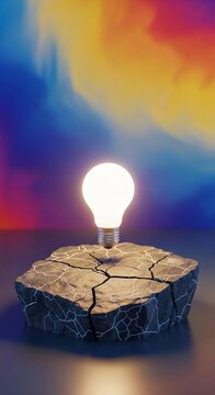 Ignited Insight: A fractured foundation births radiant illumination against a vibrant, ethereal sky.