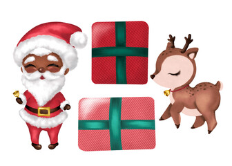 Hand-painted diverse Black Santa with bell, cute reindeer with collar and two red green gift boxes. White background. Perfect for inclusive Christmas, holiday greeting card and children design project © Habitus Art