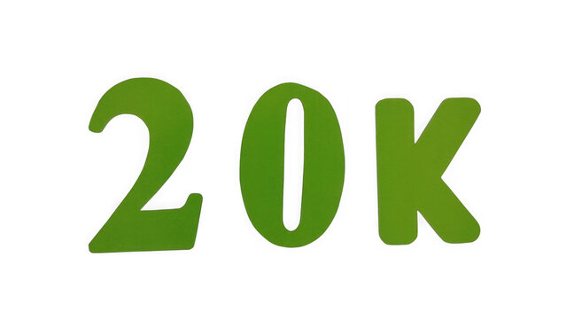 Green 20k text sign representing twenty thousand followers or a milestone number isolated on transparent background