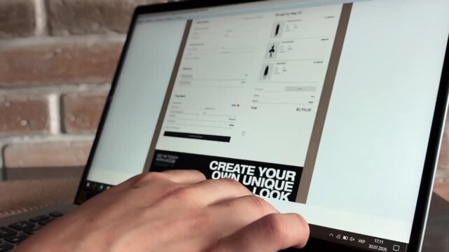 Woman's hand navigating a fashion e commerce website on a laptop with a touchscreen, selecting items and scrolling through the checkout page to finalize her purchase