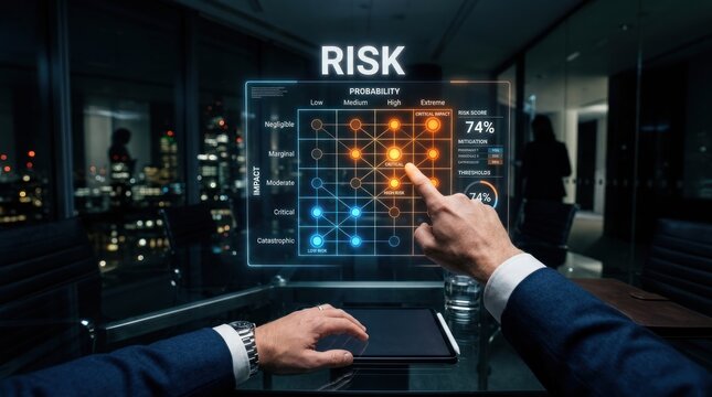 Businessman interacting with digital risk assessment matrix probability chart, for strategic planning, corporate governance, financial stability, professional foresight