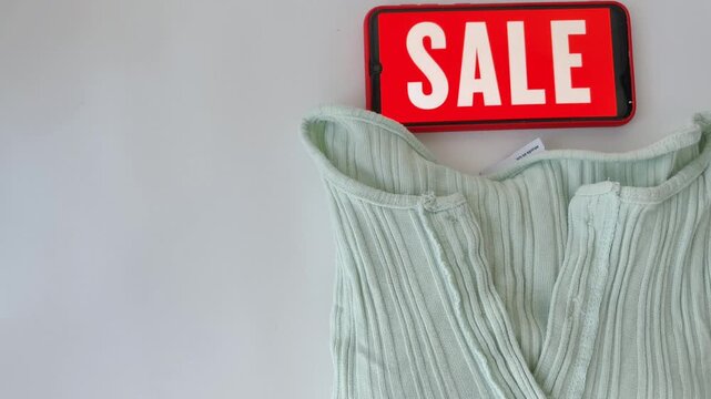 Online shopping clothing sale with a smartphone displaying a promotional offer, representing discounts on women's fashion on a white background with copy space