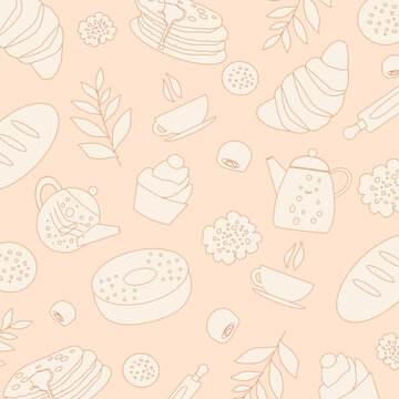 Bakery and coffee grocery pattern on pale beige background,seamless background with sweets