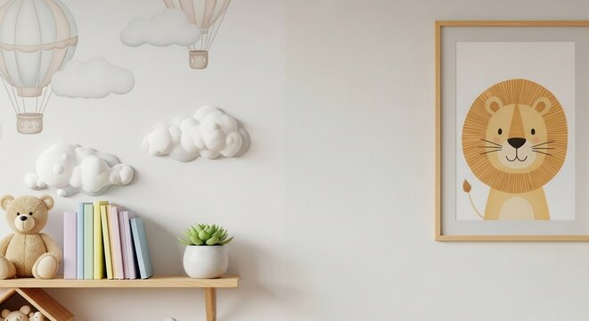 Dreamy Heights: A Curious Lion, Floating Clouds, and the Comfort of a Teddy Bear