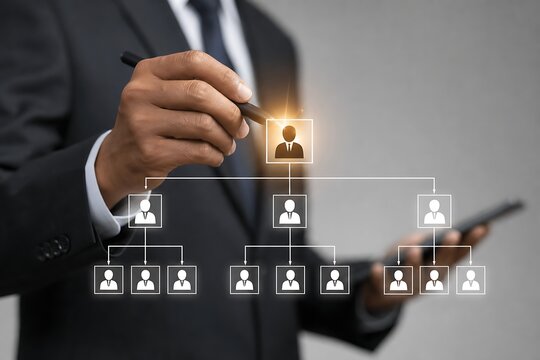 Business executive selecting a candidate from a digital organizational chart on a smartphone