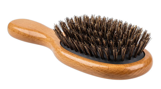 High-quality, isolated wooden hairbrush featuring natural bristles for hair care and beauty industry use, presented with a clean transparent background.